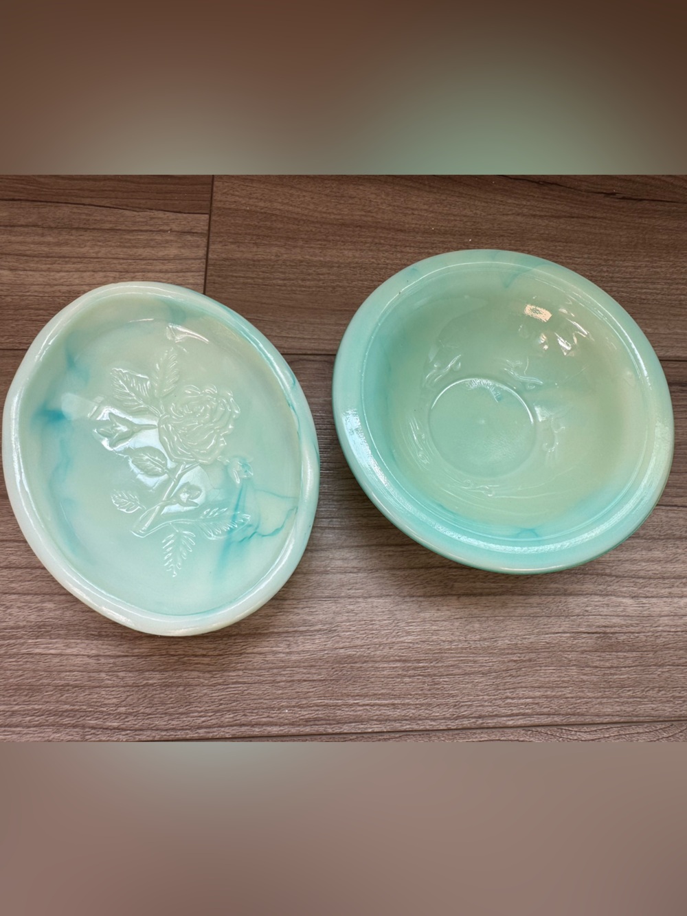 vintage 1970s Avon soap dish & bowl slag glass teal white jadeite-like finish